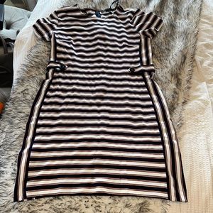 Peach navy and white striped body con over the knee dress